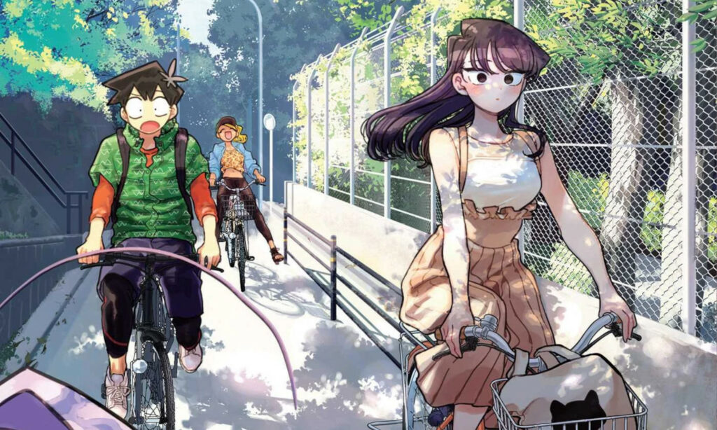beautiful Image showing komi and tadano pedaling a bicycle